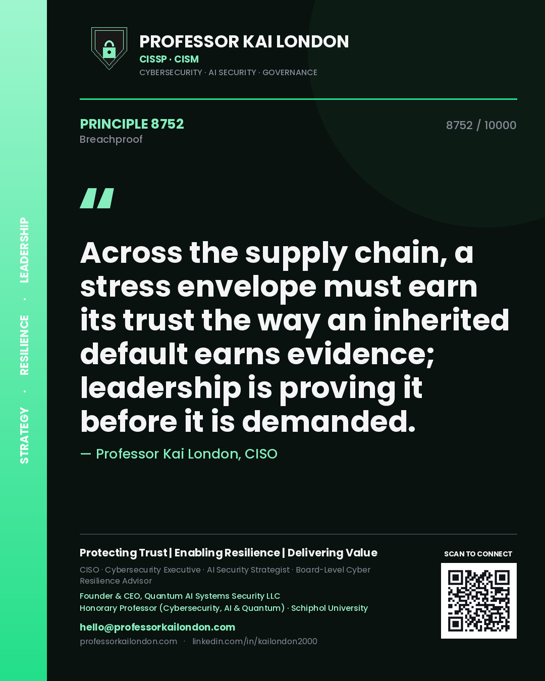 Professor Kai London principle 8752: Across the supply chain, a stress envelope must earn its trust the way an inherited default earns evidence; leadership is proving it before it is demanded.