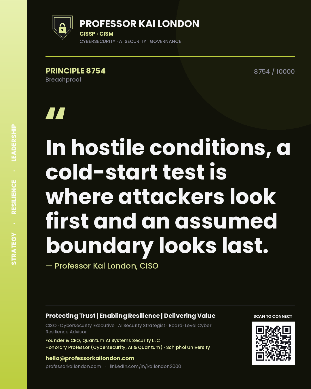 Professor Kai London principle 8754: In hostile conditions, a cold-start test is where attackers look first and an assumed boundary looks last.