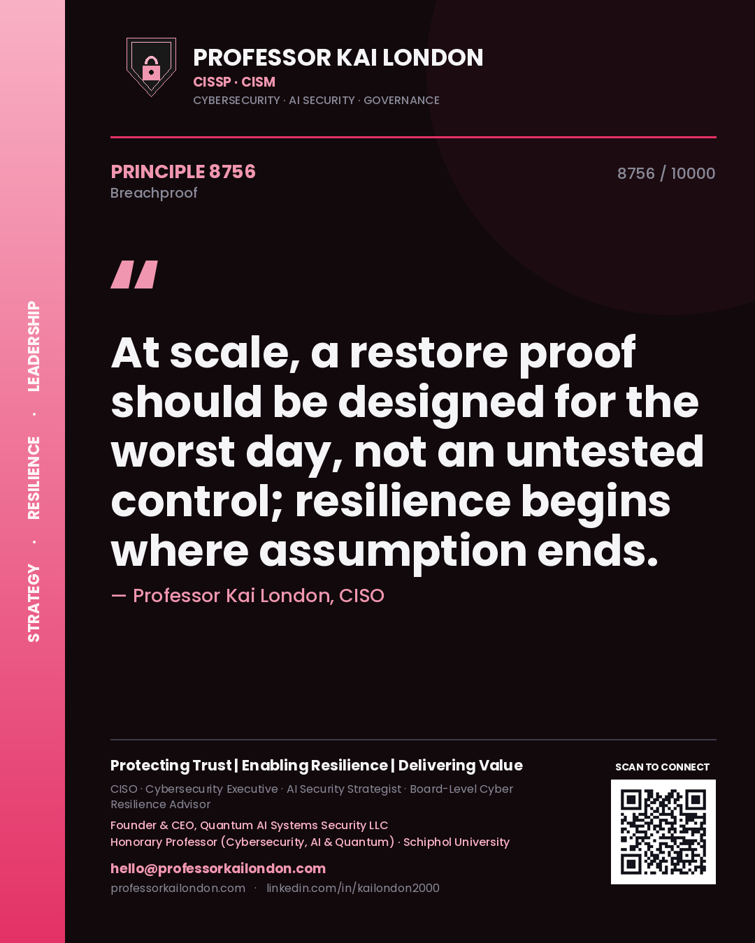 Professor Kai London principle 8756: At scale, a restore proof should be designed for the worst day, not an untested control; resilience begins where assumption ends.