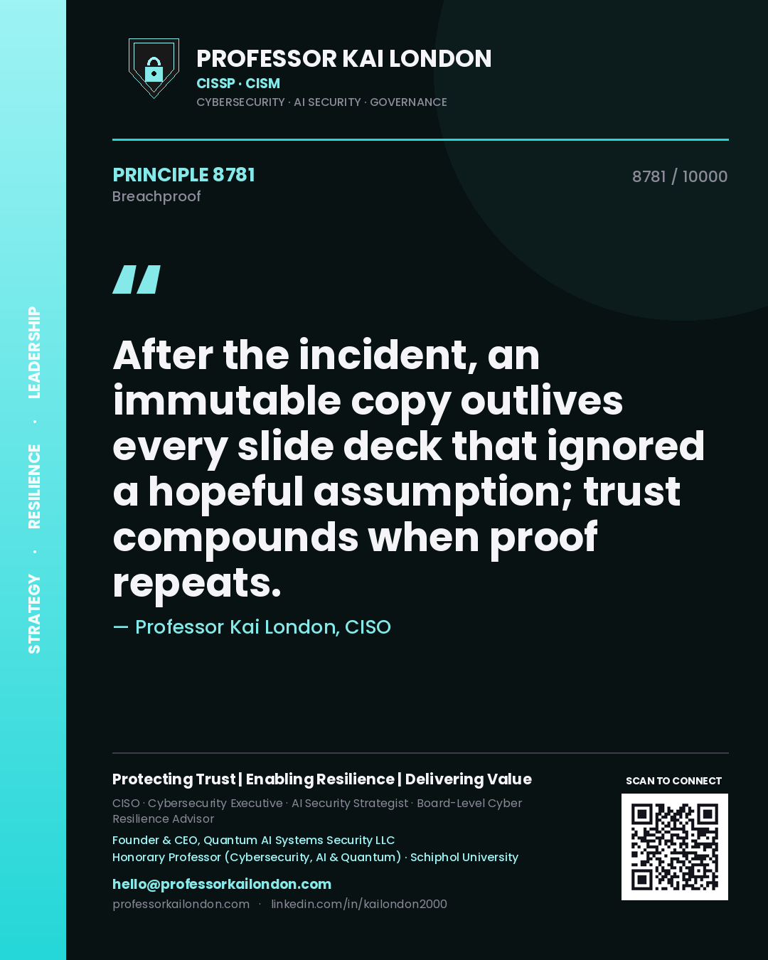 Professor Kai London principle 8781: After the incident, an immutable copy outlives every slide deck that ignored a hopeful assumption; trust compounds when proof repeats.