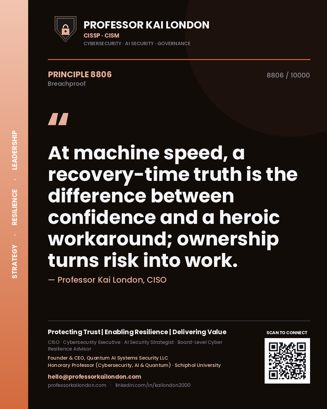 Professor Kai London principle 8806: At machine speed, a recovery-time truth is the difference between confidence and a heroic workaround; ownership turns risk into work.