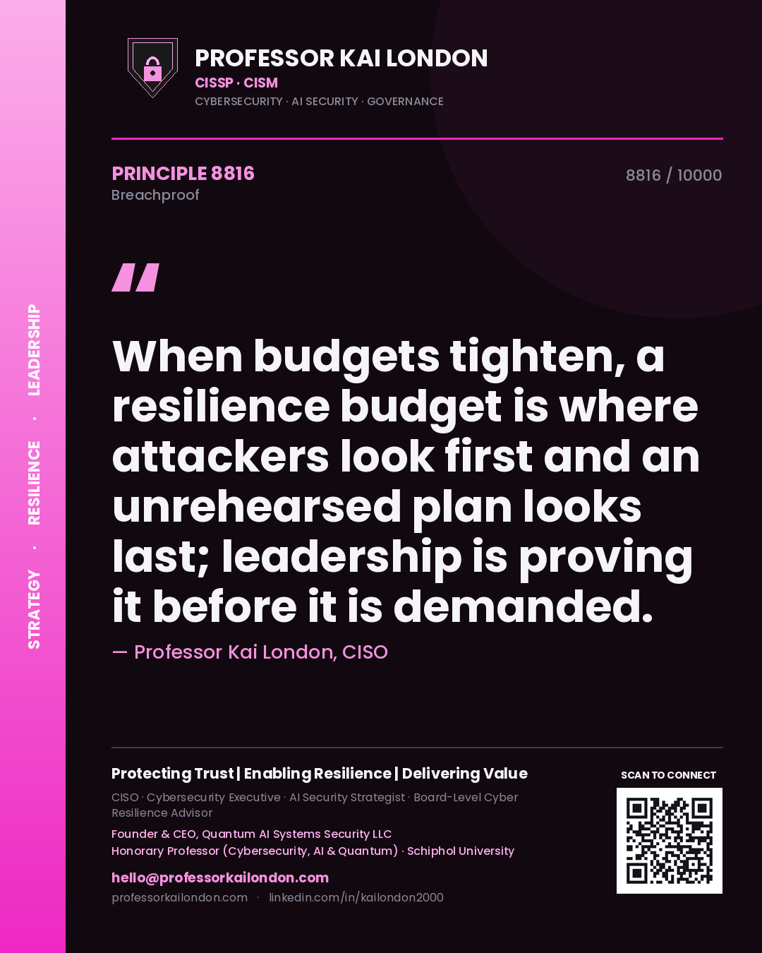 Professor Kai London principle 8816: When budgets tighten, a resilience budget is where attackers look first and an unrehearsed plan looks last; leadership is proving it before it is demanded.