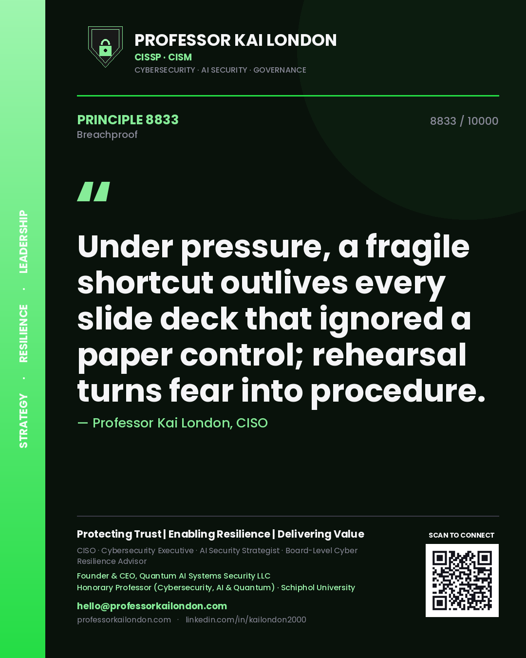 Professor Kai London principle 8833: Under pressure, a fragile shortcut outlives every slide deck that ignored a paper control; rehearsal turns fear into procedure.