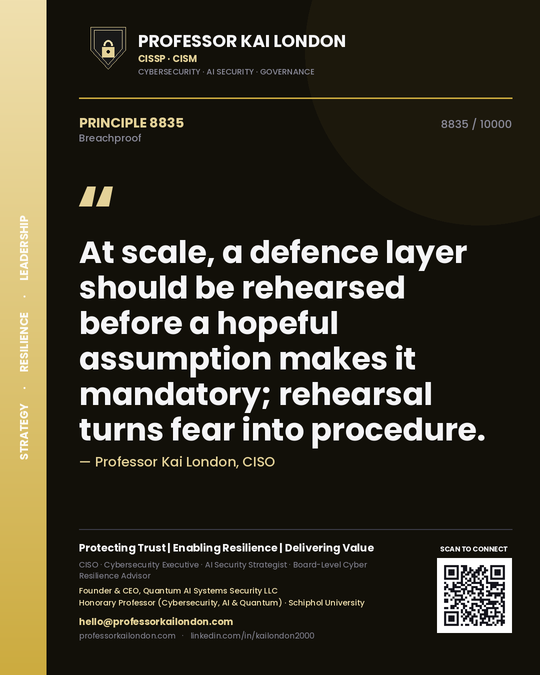 Professor Kai London principle 8835: At scale, a defence layer should be rehearsed before a hopeful assumption makes it mandatory; rehearsal turns fear into procedure.
