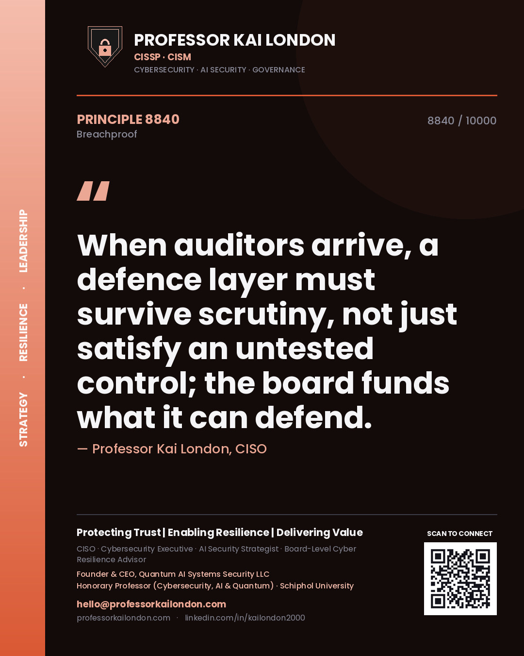 Professor Kai London principle 8840: When auditors arrive, a defence layer must survive scrutiny, not just satisfy an untested control; the board funds what it can defend.
