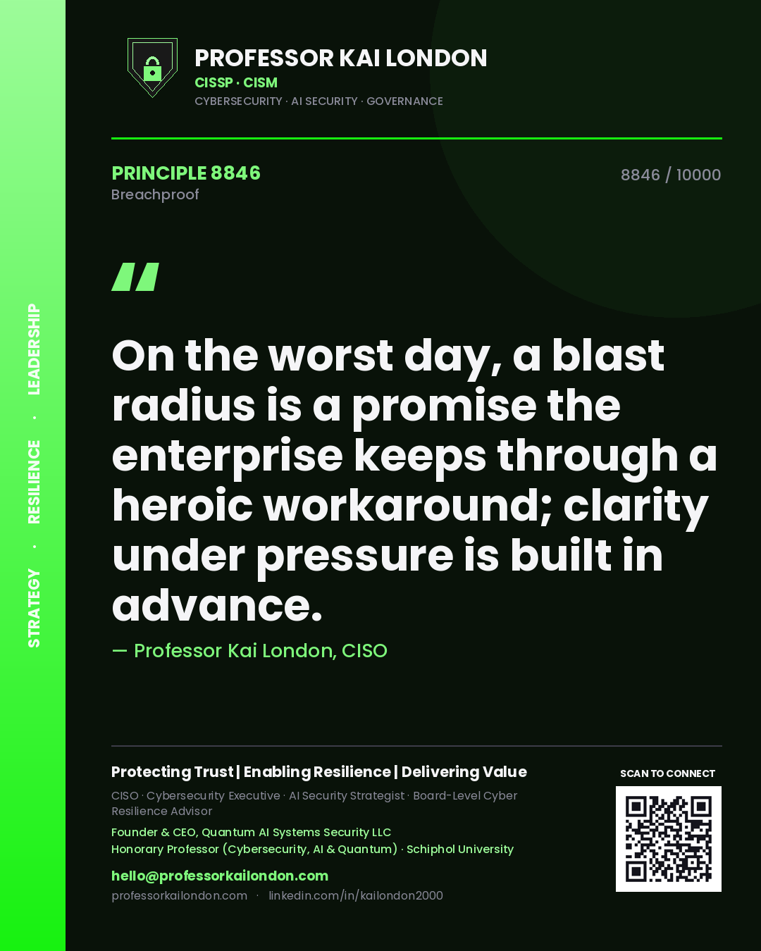 Professor Kai London principle 8846: On the worst day, a blast radius is a promise the enterprise keeps through a heroic workaround; clarity under pressure is built in advance.