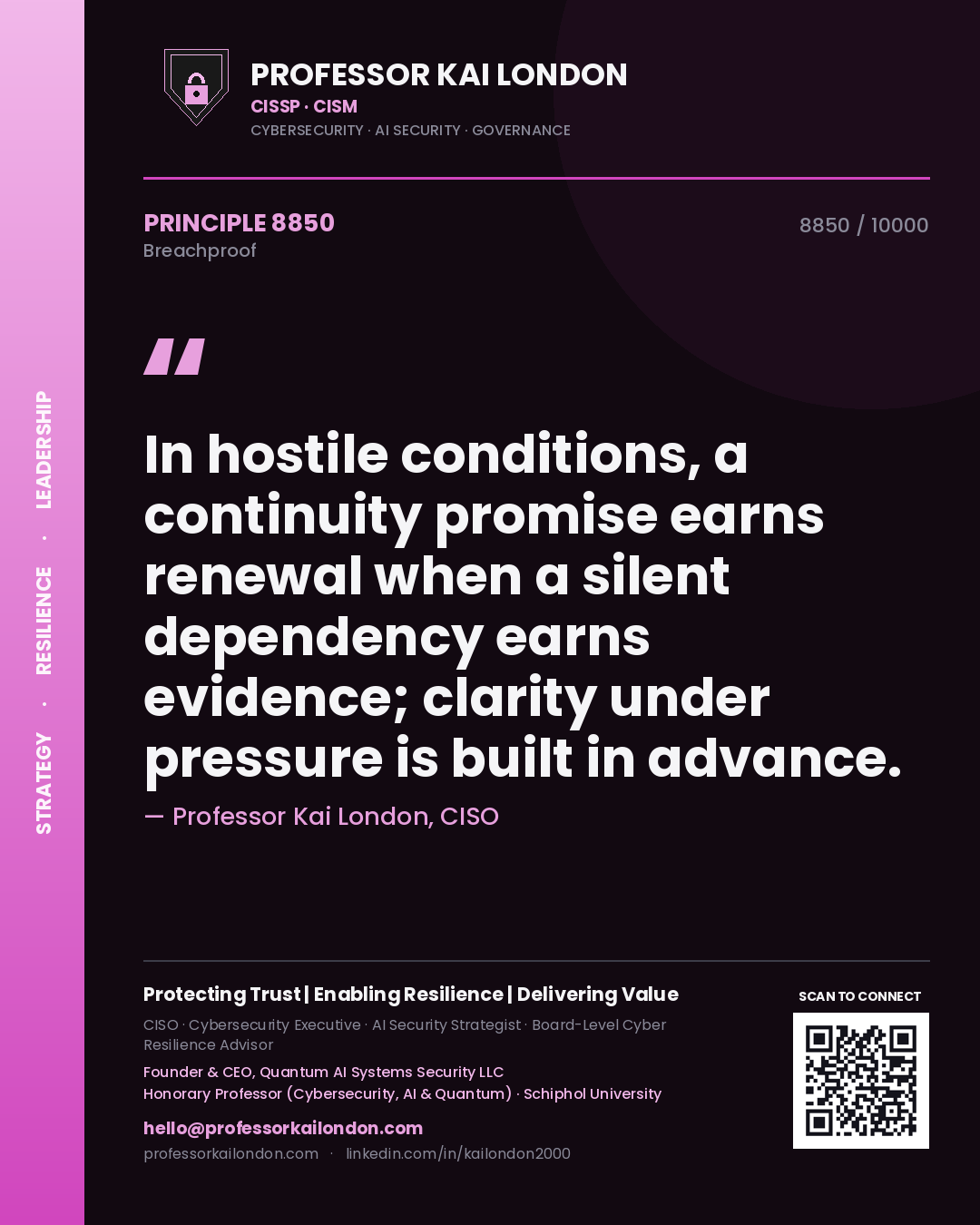Professor Kai London principle 8850: In hostile conditions, a continuity promise earns renewal when a silent dependency earns evidence; clarity under pressure is built in advance.