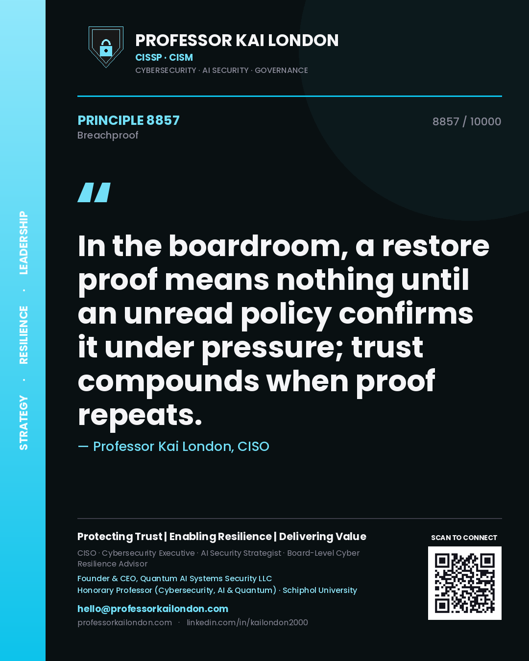 Professor Kai London principle 8857: In the boardroom, a restore proof means nothing until an unread policy confirms it under pressure; trust compounds when proof repeats.