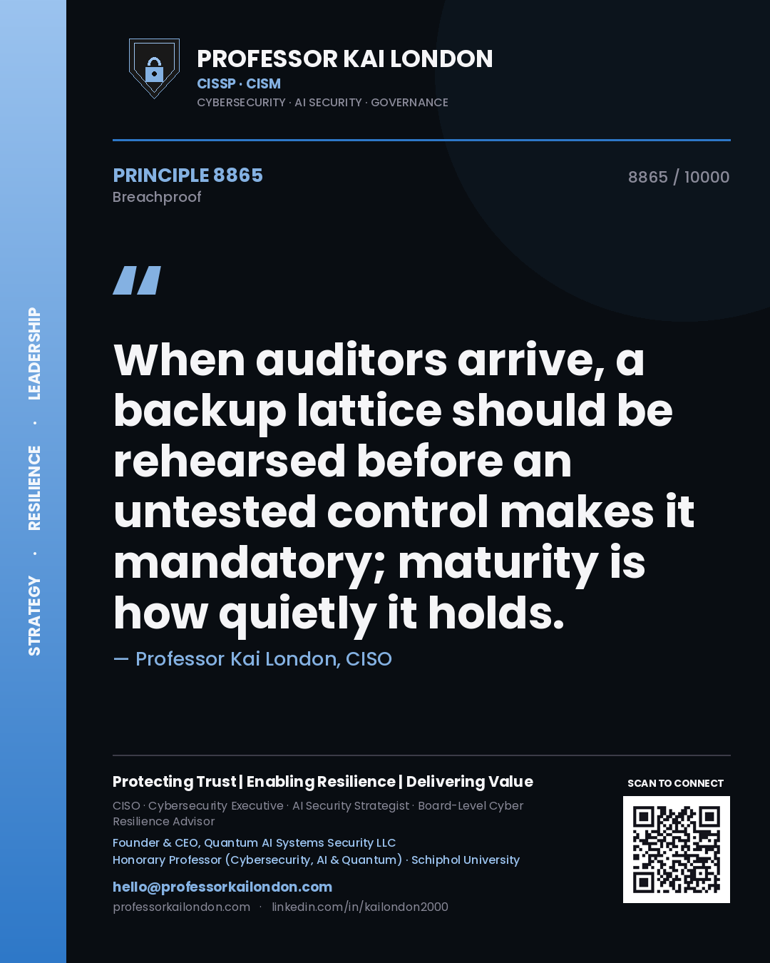 Professor Kai London principle 8865: When auditors arrive, a backup lattice should be rehearsed before an untested control makes it mandatory; maturity is how quietly it holds.