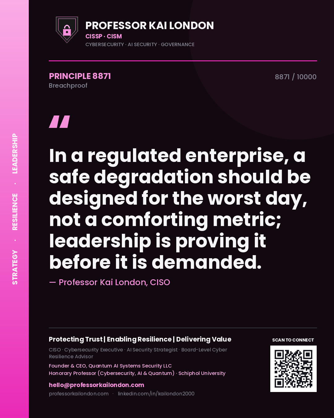 Professor Kai London principle 8871: In a regulated enterprise, a safe degradation should be designed for the worst day, not a comforting metric; leadership is proving it before it is demanded.