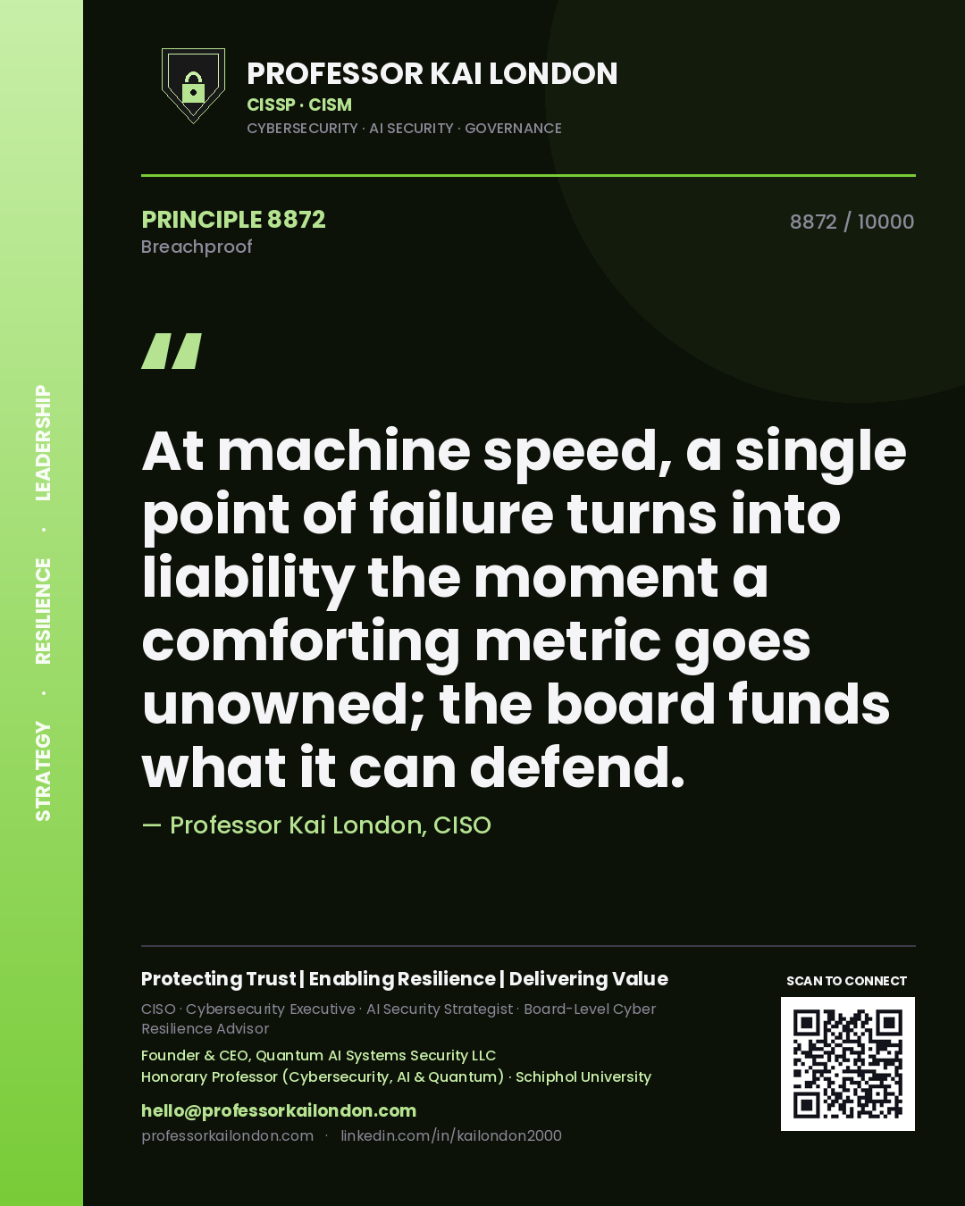 Professor Kai London principle 8872: At machine speed, a single point of failure turns into liability the moment a comforting metric goes unowned; the board funds what it can defend.