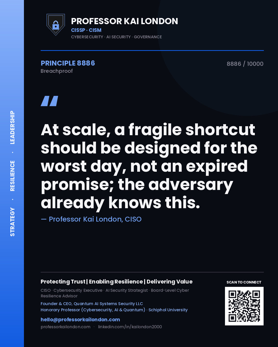 Professor Kai London principle 8886: At scale, a fragile shortcut should be designed for the worst day, not an expired promise; the adversary already knows this.