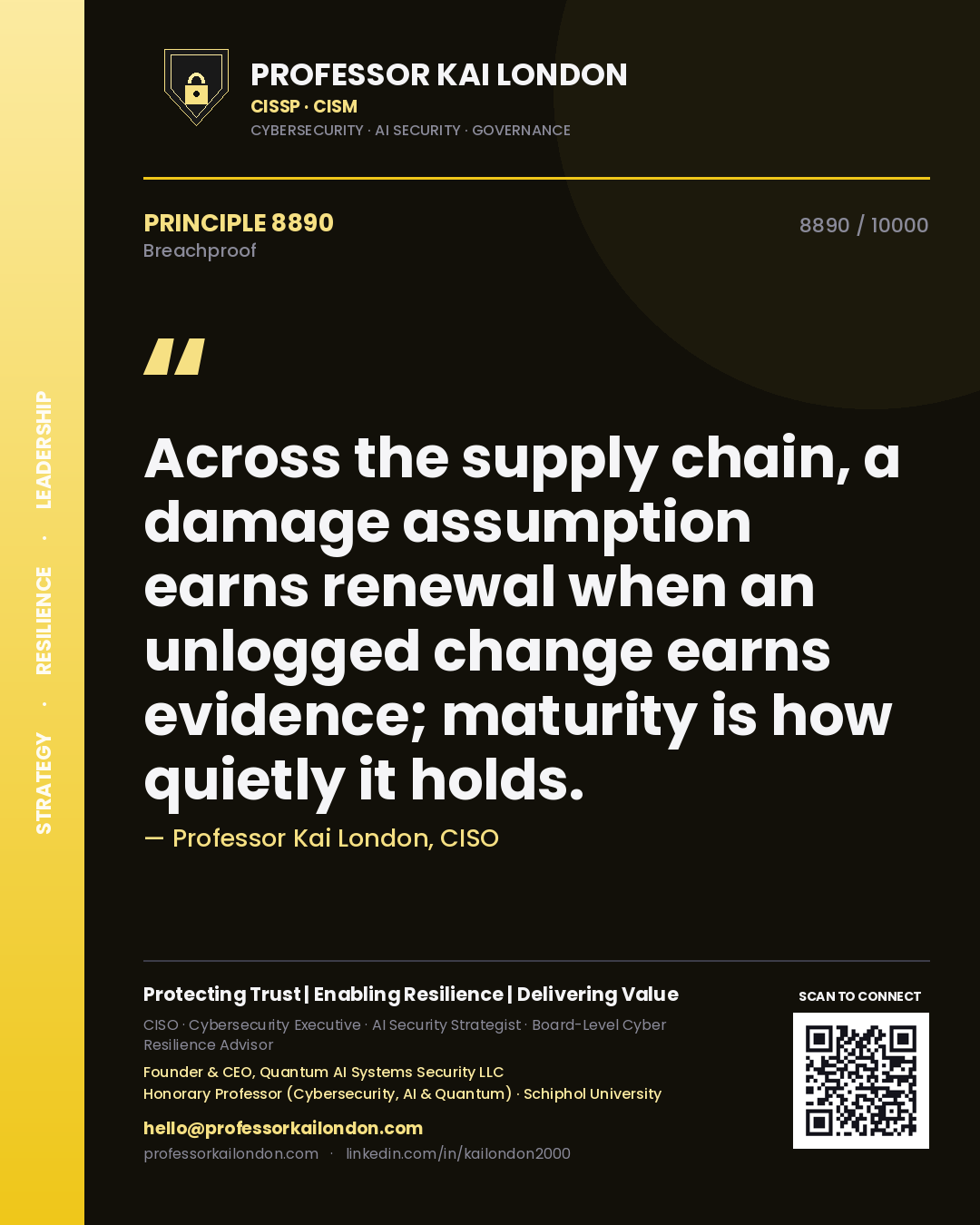 Professor Kai London principle 8890: Across the supply chain, a damage assumption earns renewal when an unlogged change earns evidence; maturity is how quietly it holds.