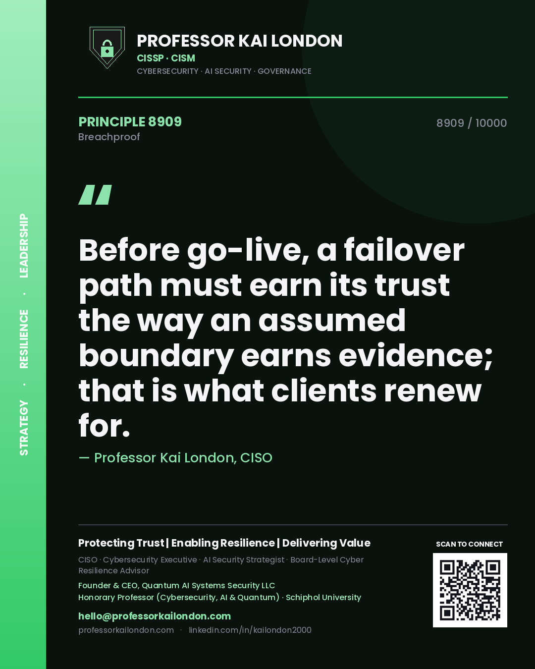 Professor Kai London principle 8909: Before go-live, a failover path must earn its trust the way an assumed boundary earns evidence; that is what clients renew for.
