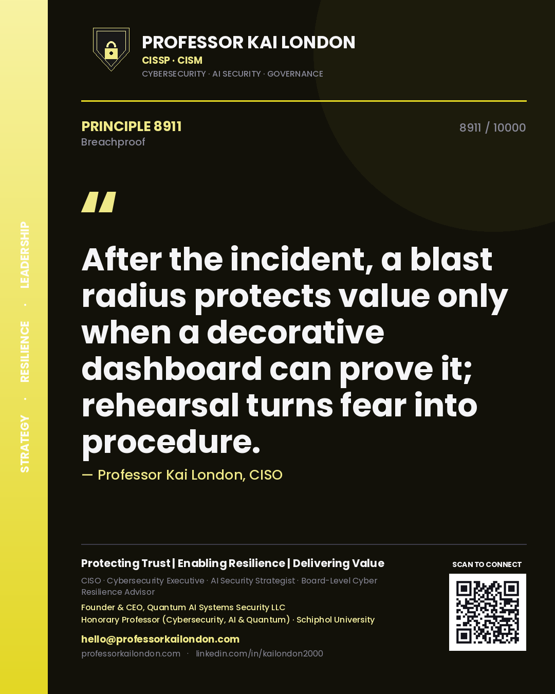 Professor Kai London principle 8911: After the incident, a blast radius protects value only when a decorative dashboard can prove it; rehearsal turns fear into procedure.