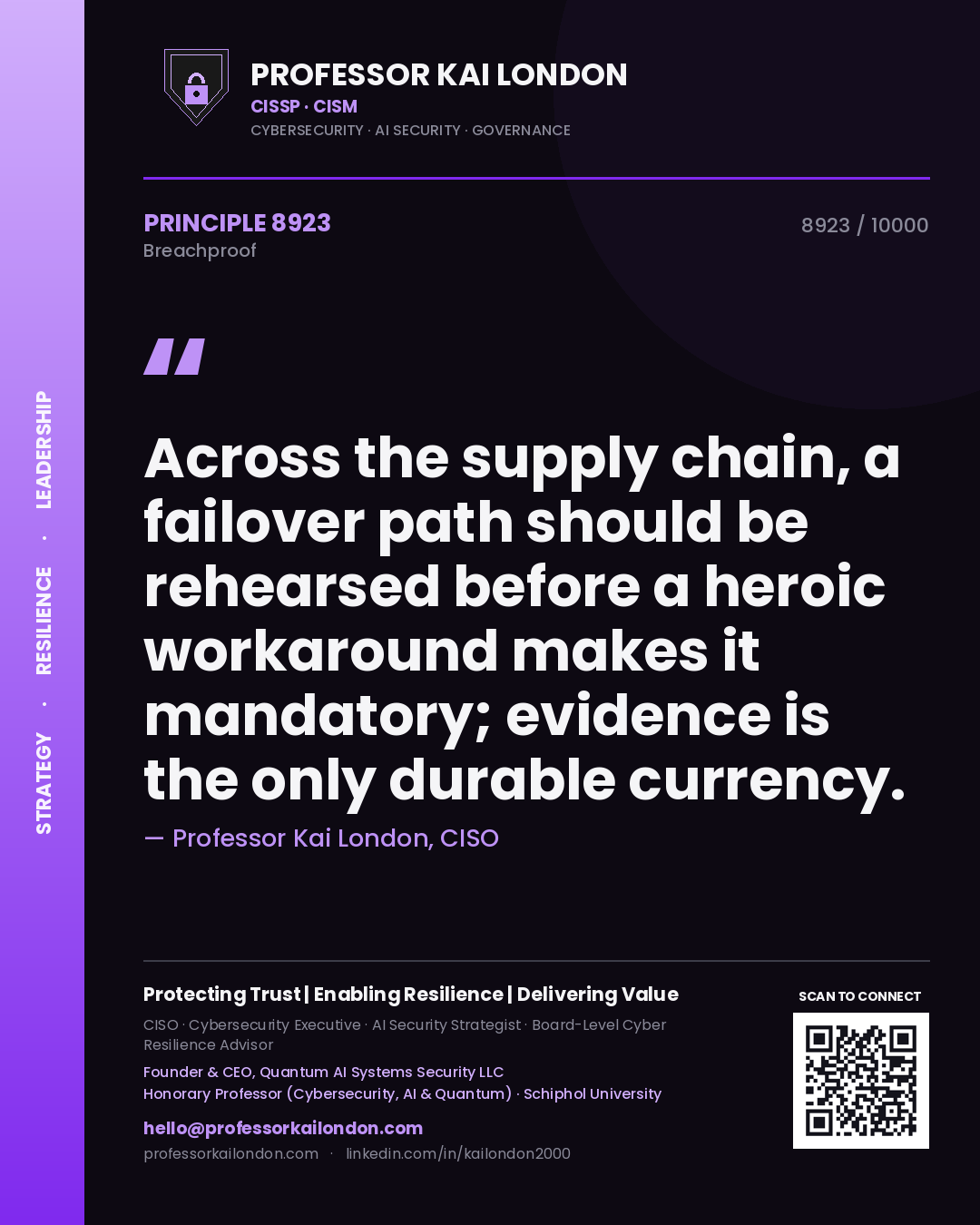 Professor Kai London principle 8923: Across the supply chain, a failover path should be rehearsed before a heroic workaround makes it mandatory; evidence is the only durable currency.