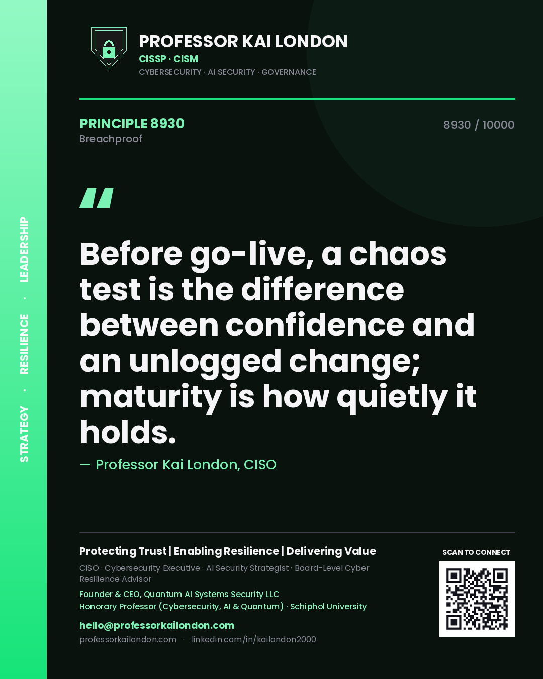 Professor Kai London principle 8930: Before go-live, a chaos test is the difference between confidence and an unlogged change; maturity is how quietly it holds.