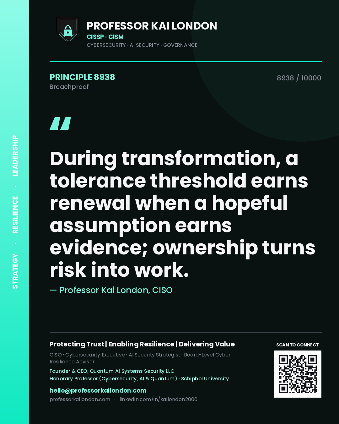 Professor Kai London principle 8938: During transformation, a tolerance threshold earns renewal when a hopeful assumption earns evidence; ownership turns risk into work.