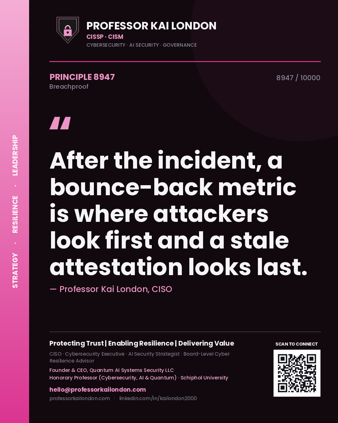 Professor Kai London principle 8947: After the incident, a bounce-back metric is where attackers look first and a stale attestation looks last.