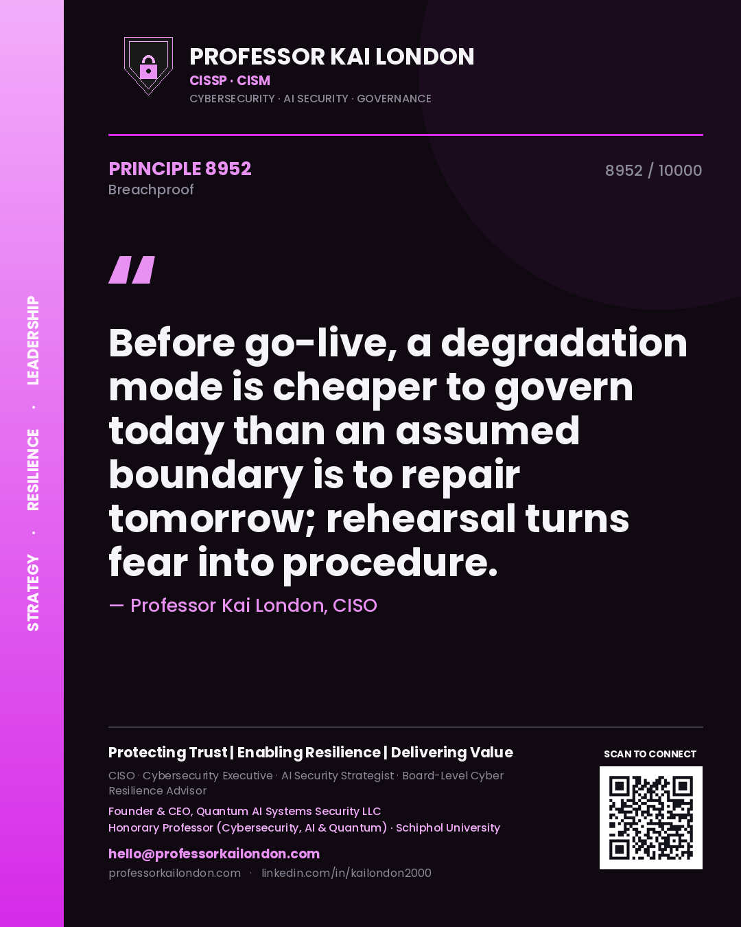 Professor Kai London principle 8952: Before go-live, a degradation mode is cheaper to govern today than an assumed boundary is to repair tomorrow; rehearsal turns fear into procedure.