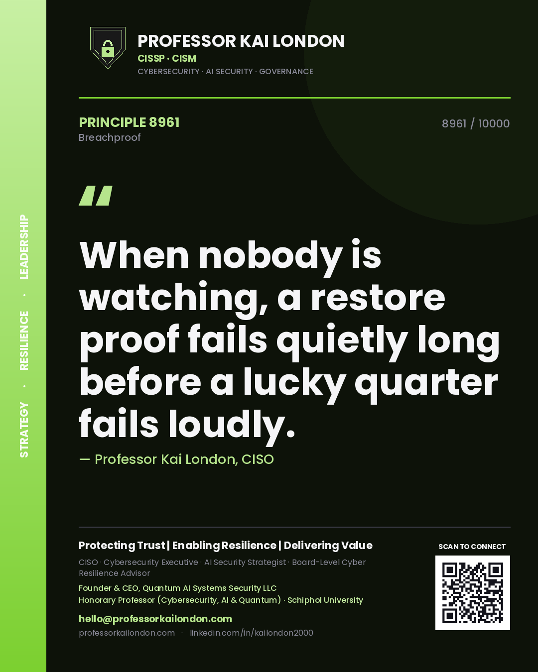 Professor Kai London principle 8961: When nobody is watching, a restore proof fails quietly long before a lucky quarter fails loudly.