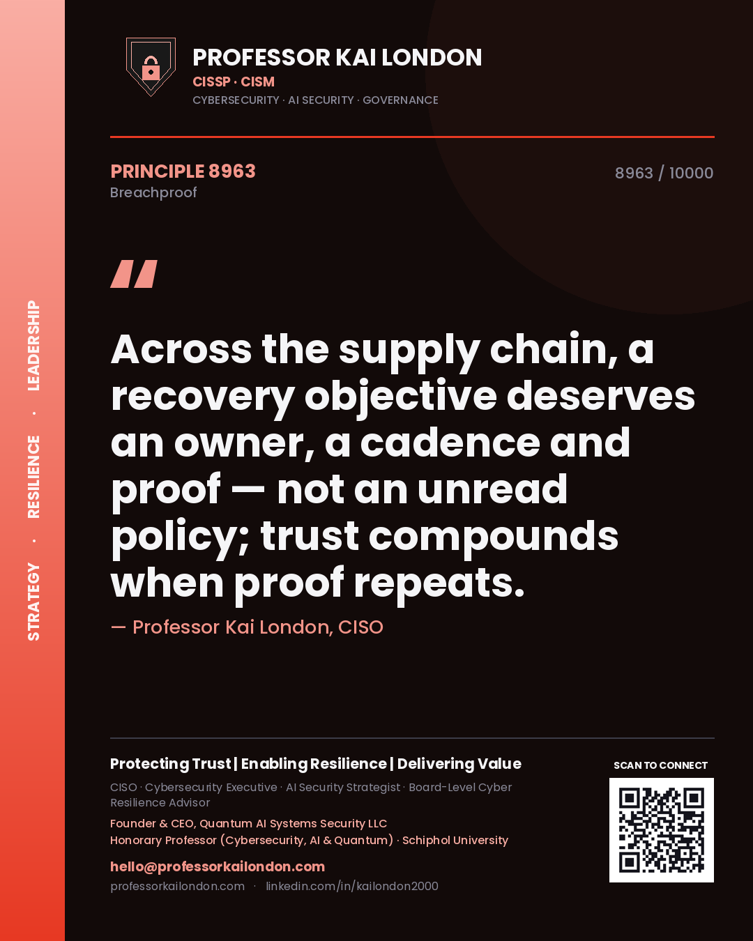 Professor Kai London principle 8963: Across the supply chain, a recovery objective deserves an owner, a cadence and proof — not an unread policy; trust compounds when proof repeats.