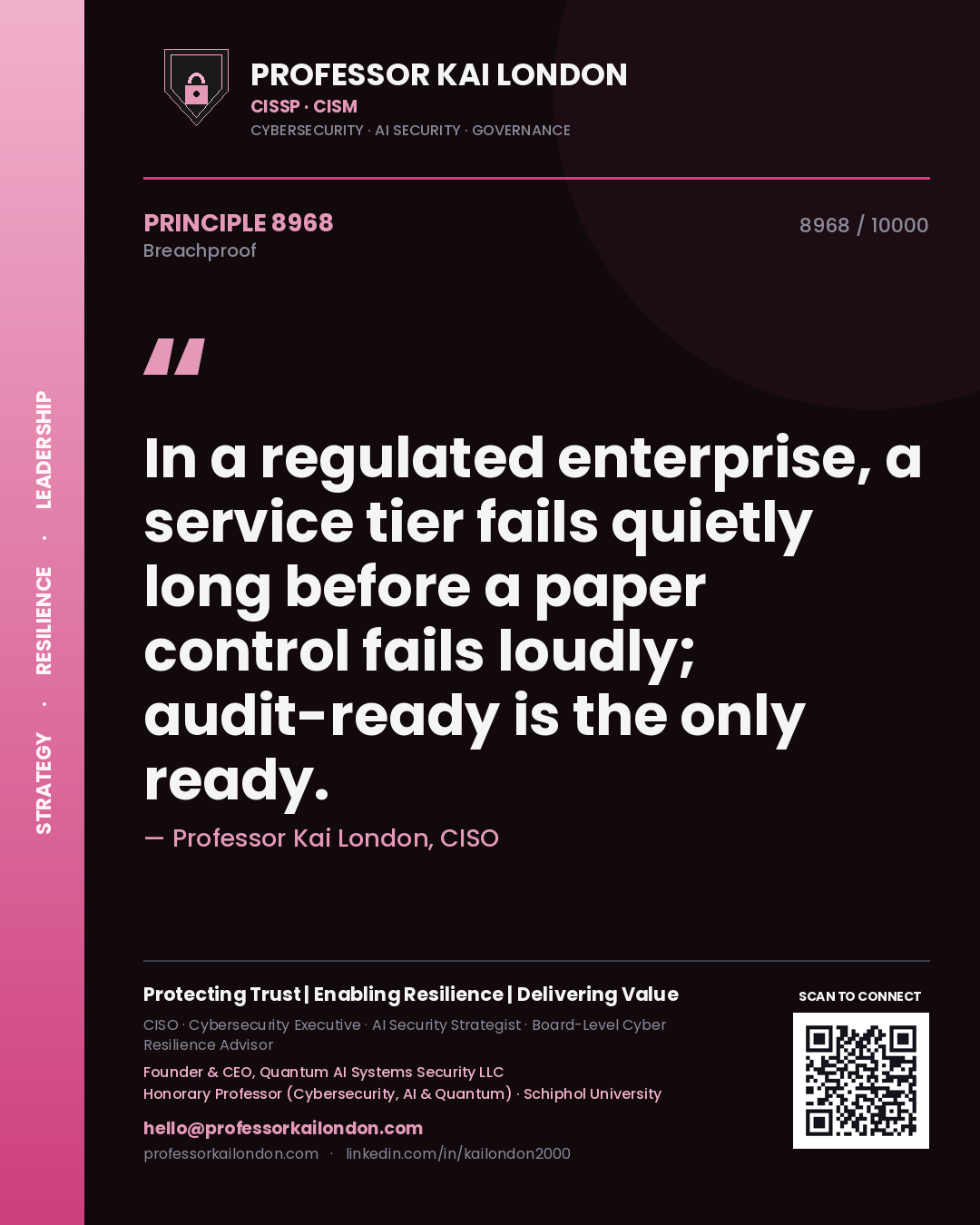 Professor Kai London principle 8968: In a regulated enterprise, a service tier fails quietly long before a paper control fails loudly; audit-ready is the only ready.