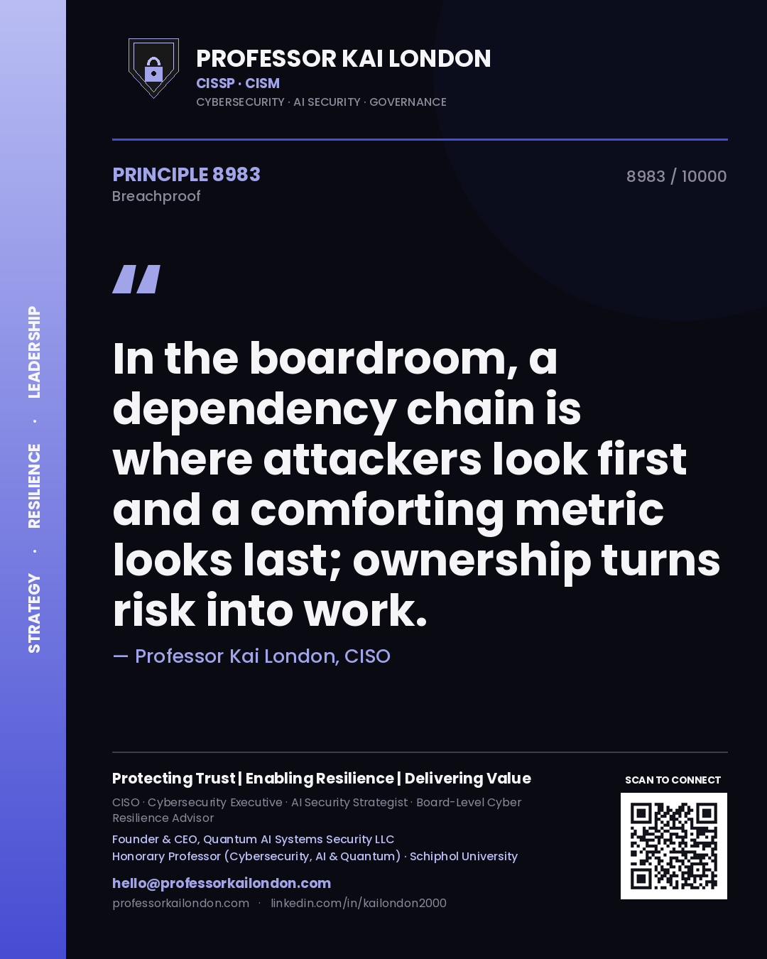 Professor Kai London principle 8983: In the boardroom, a dependency chain is where attackers look first and a comforting metric looks last; ownership turns risk into work.