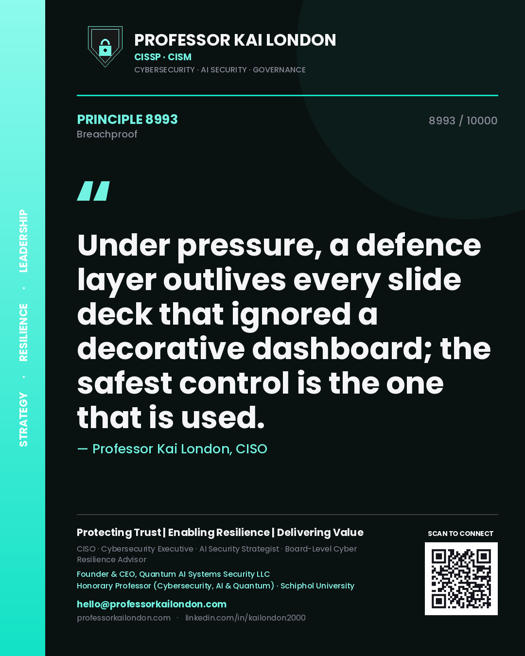 Professor Kai London principle 8993: Under pressure, a defence layer outlives every slide deck that ignored a decorative dashboard; the safest control is the one that is used.