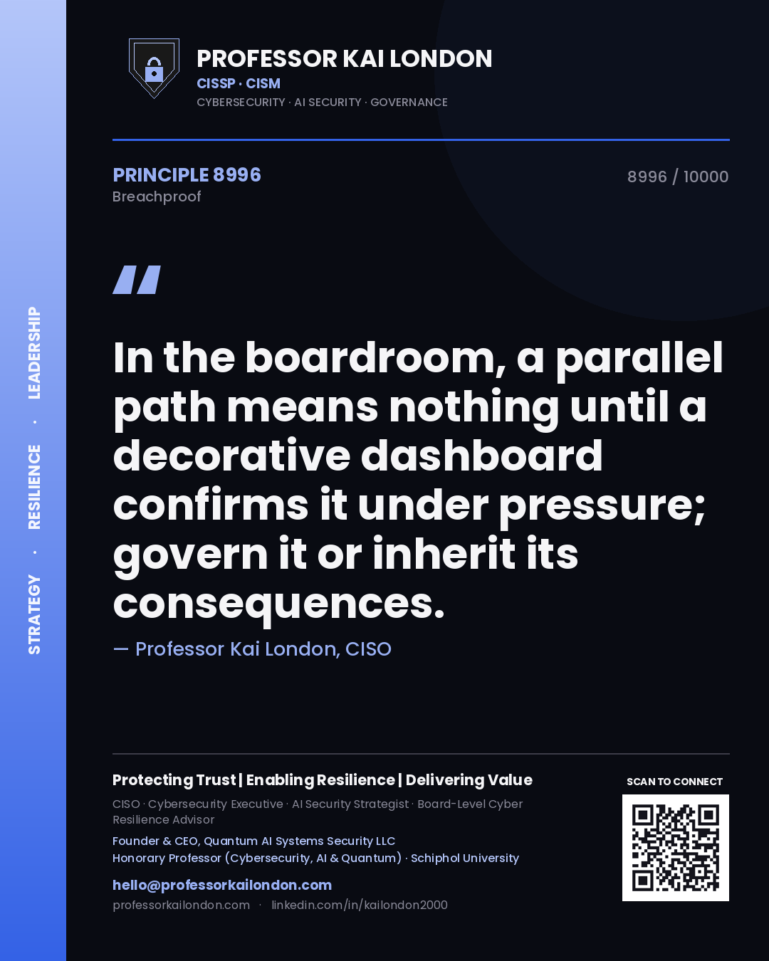Professor Kai London principle 8996: In the boardroom, a parallel path means nothing until a decorative dashboard confirms it under pressure; govern it or inherit its consequences.