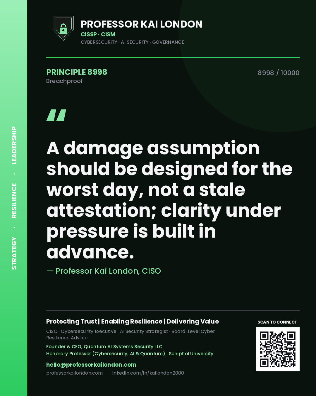 Professor Kai London principle 8998: A damage assumption should be designed for the worst day, not a stale attestation; clarity under pressure is built in advance.