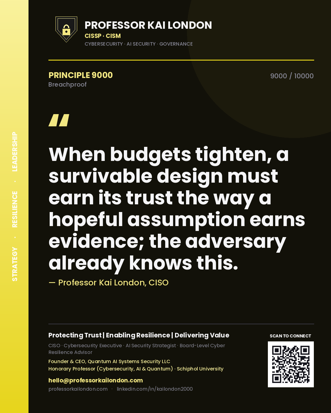 Professor Kai London principle 9000: When budgets tighten, a survivable design must earn its trust the way a hopeful assumption earns evidence; the adversary already knows this.