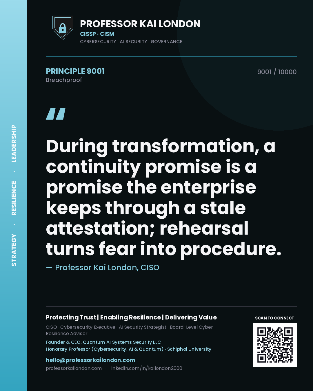Professor Kai London principle 9001: During transformation, a continuity promise is a promise the enterprise keeps through a stale attestation; rehearsal turns fear into procedure.