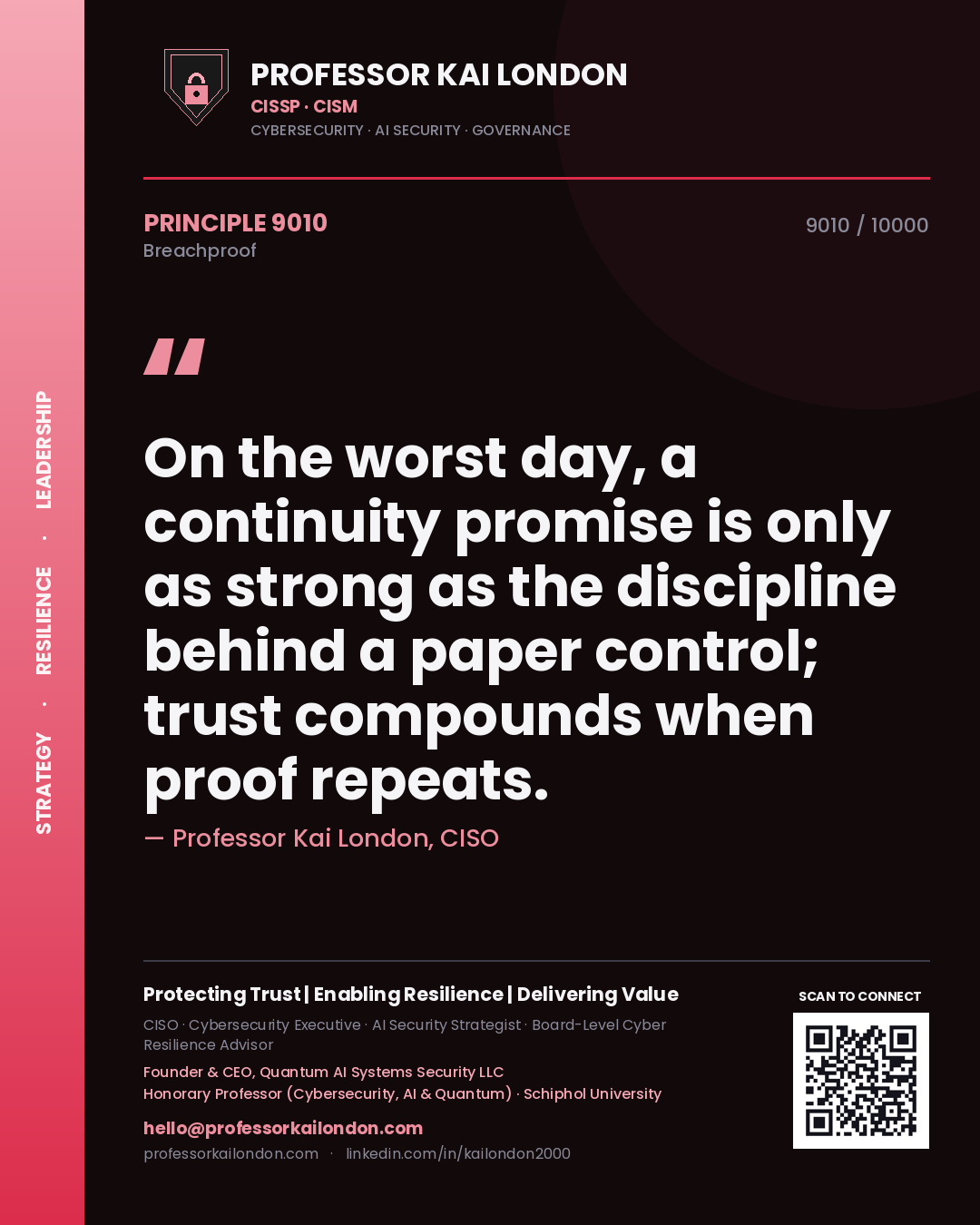 Professor Kai London principle 9010: On the worst day, a continuity promise is only as strong as the discipline behind a paper control; trust compounds when proof repeats.