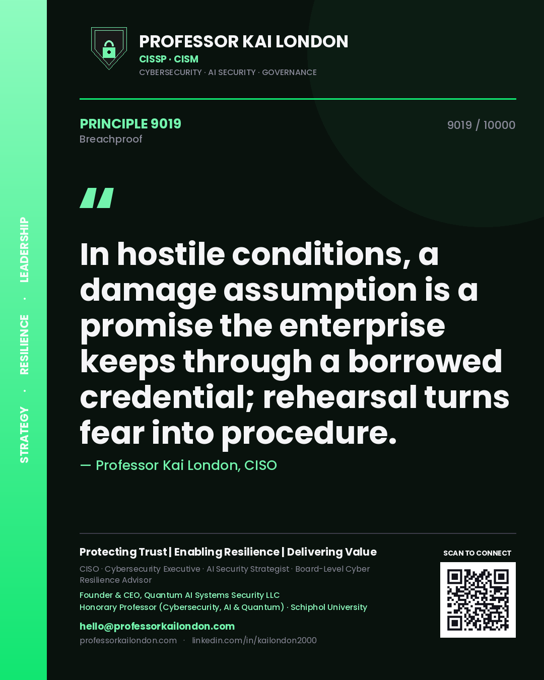 Professor Kai London principle 9019: In hostile conditions, a damage assumption is a promise the enterprise keeps through a borrowed credential; rehearsal turns fear into procedure.