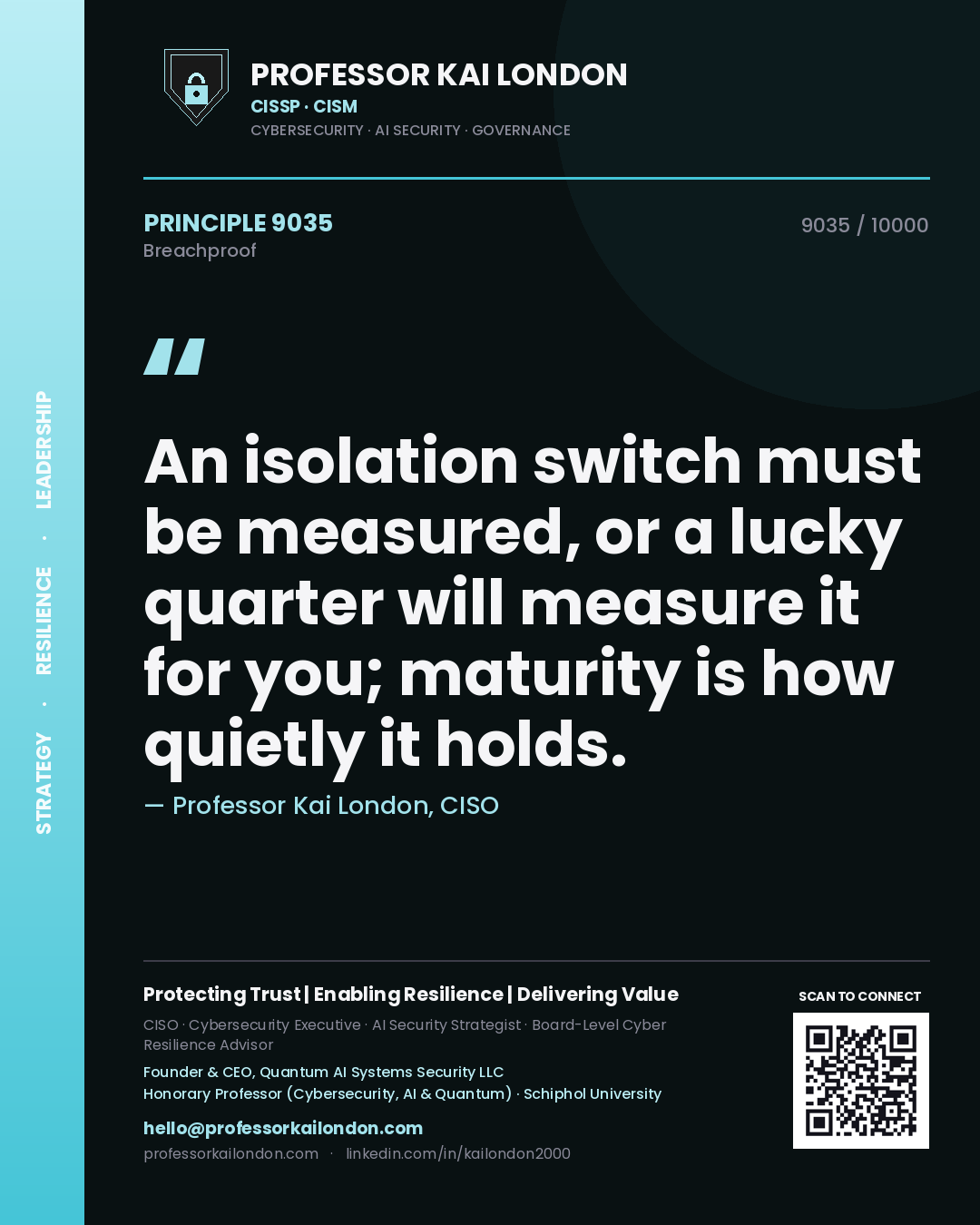 Professor Kai London principle 9035: An isolation switch must be measured, or a lucky quarter will measure it for you; maturity is how quietly it holds.