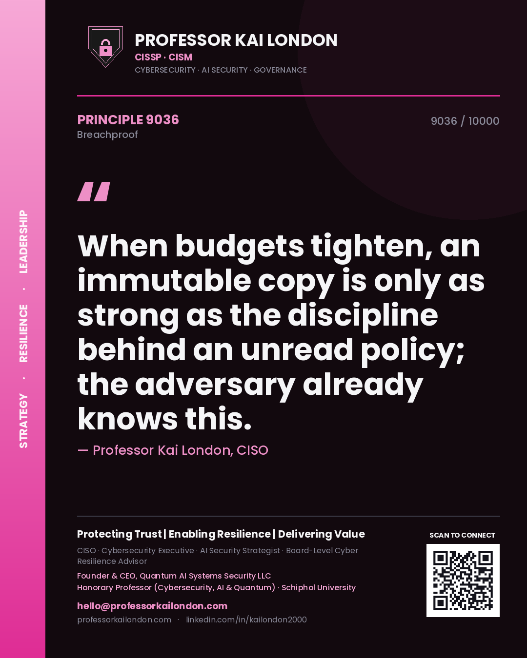 Professor Kai London principle 9036: When budgets tighten, an immutable copy is only as strong as the discipline behind an unread policy; the adversary already knows this.