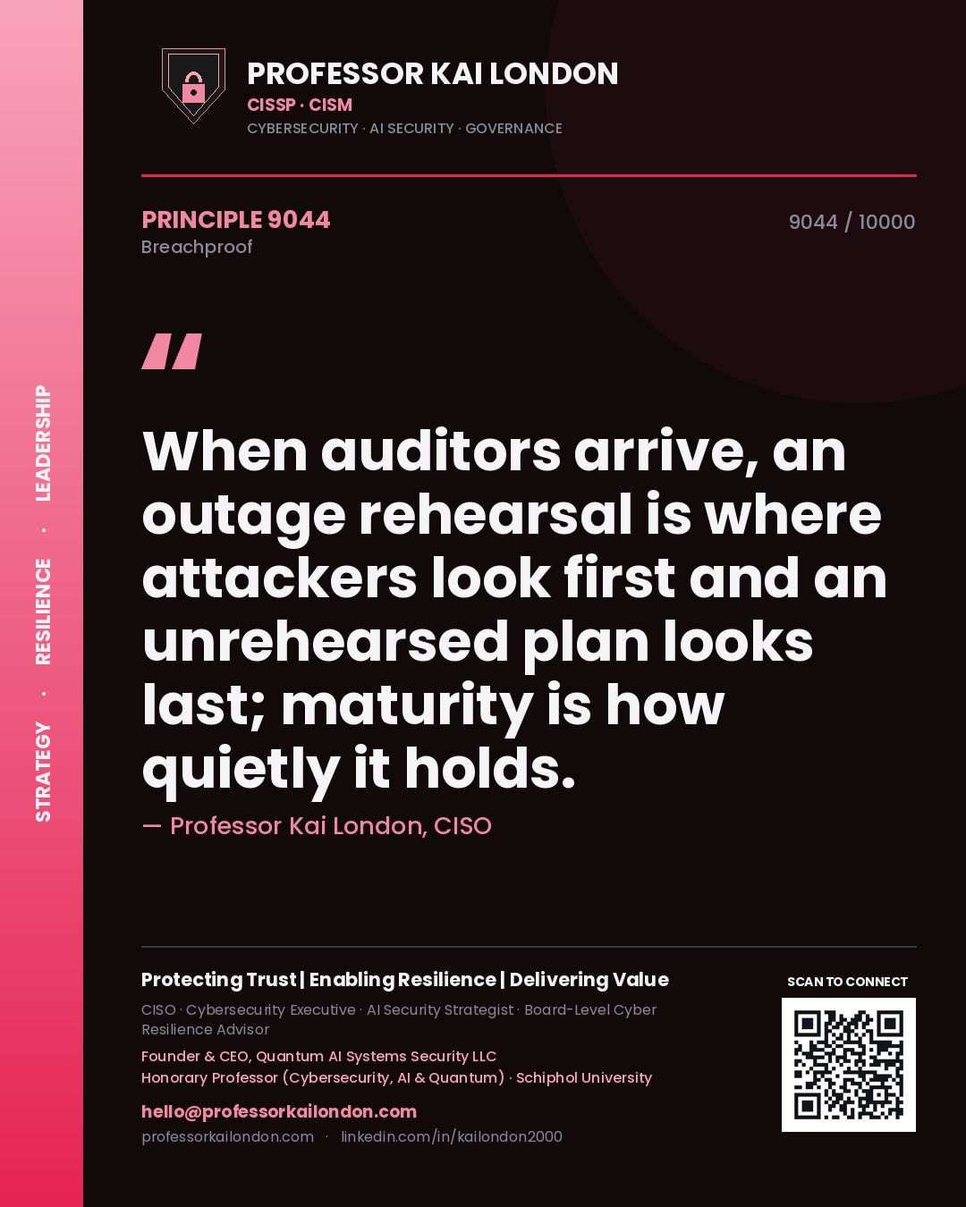 Professor Kai London principle 9044: When auditors arrive, an outage rehearsal is where attackers look first and an unrehearsed plan looks last; maturity is how quietly it holds.