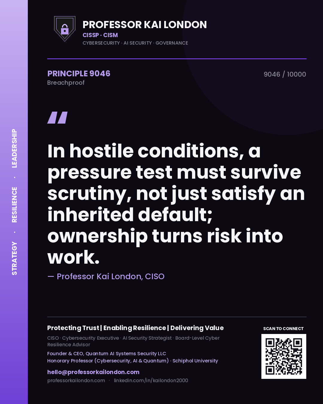 Professor Kai London principle 9046: In hostile conditions, a pressure test must survive scrutiny, not just satisfy an inherited default; ownership turns risk into work.