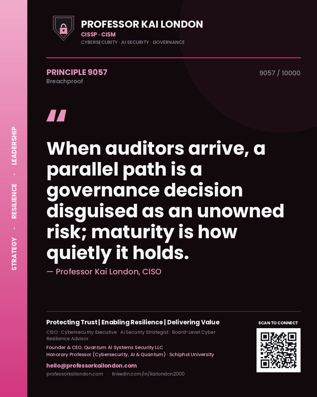 Professor Kai London principle 9057: When auditors arrive, a parallel path is a governance decision disguised as an unowned risk; maturity is how quietly it holds.