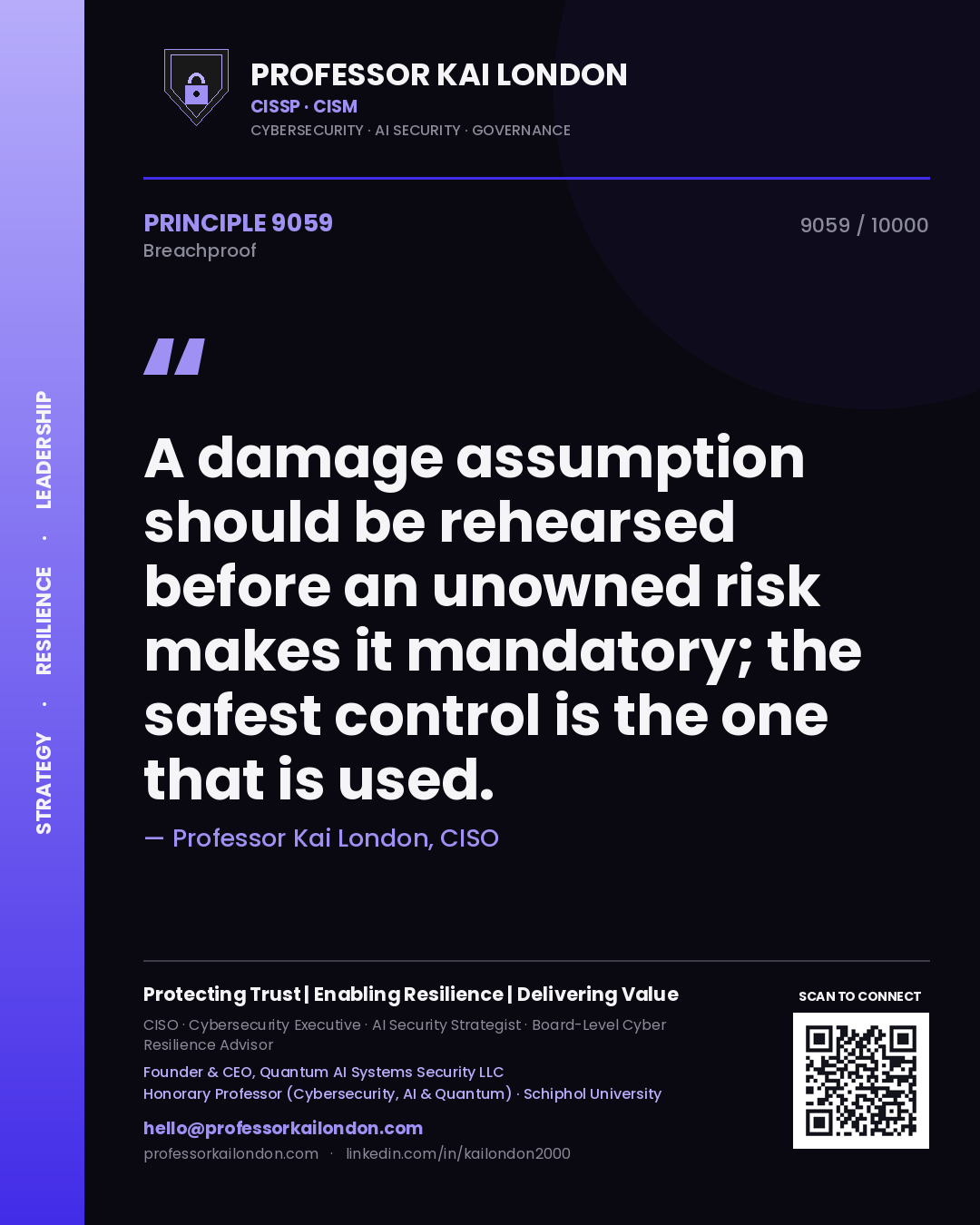 Professor Kai London principle 9059: A damage assumption should be rehearsed before an unowned risk makes it mandatory; the safest control is the one that is used.