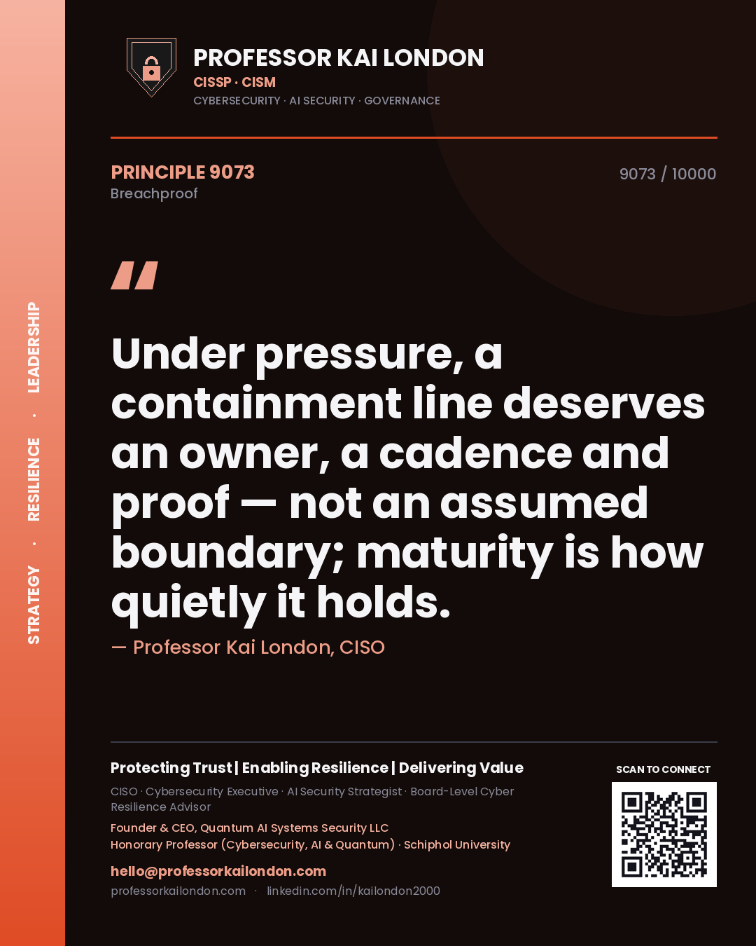Professor Kai London principle 9073: Under pressure, a containment line deserves an owner, a cadence and proof — not an assumed boundary; maturity is how quietly it holds.
