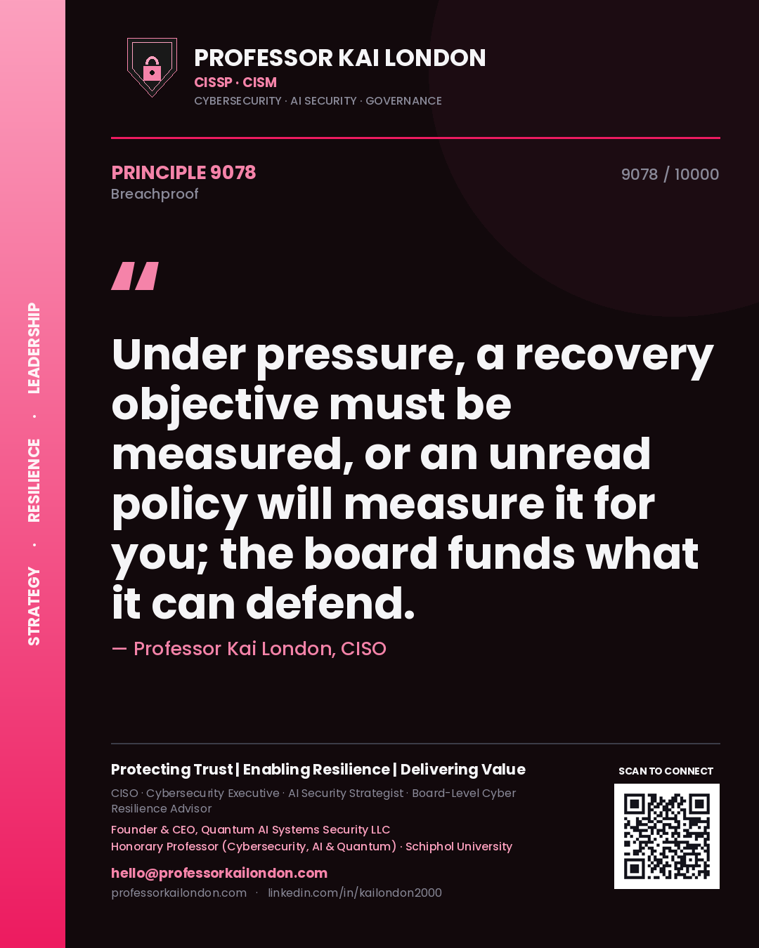 Professor Kai London principle 9078: Under pressure, a recovery objective must be measured, or an unread policy will measure it for you; the board funds what it can defend.