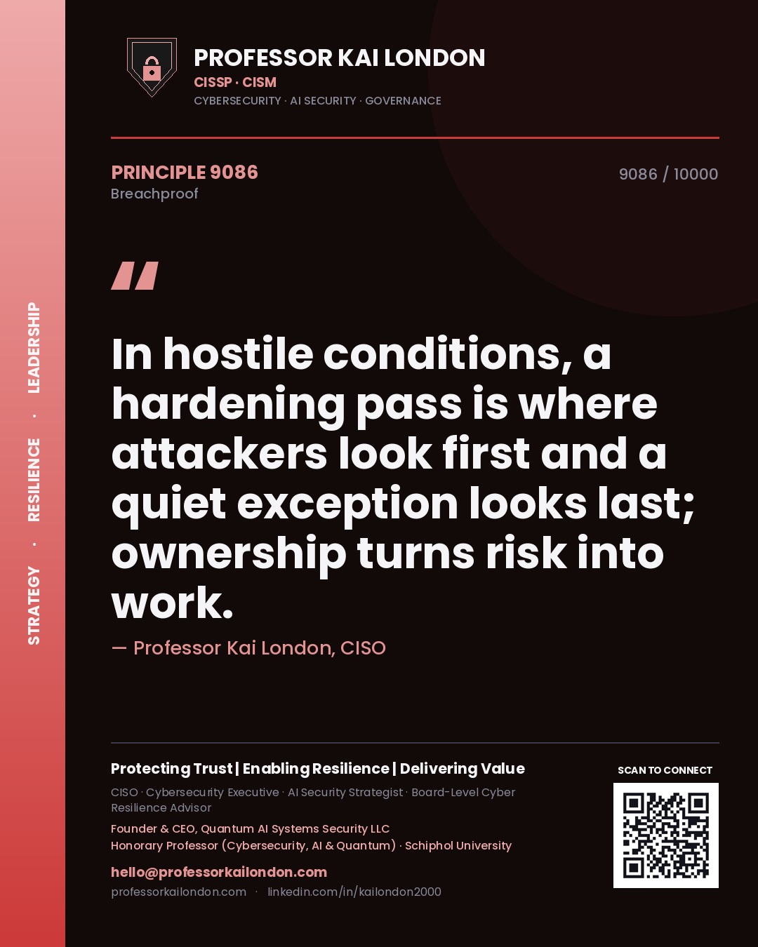 Professor Kai London principle 9086: In hostile conditions, a hardening pass is where attackers look first and a quiet exception looks last; ownership turns risk into work.