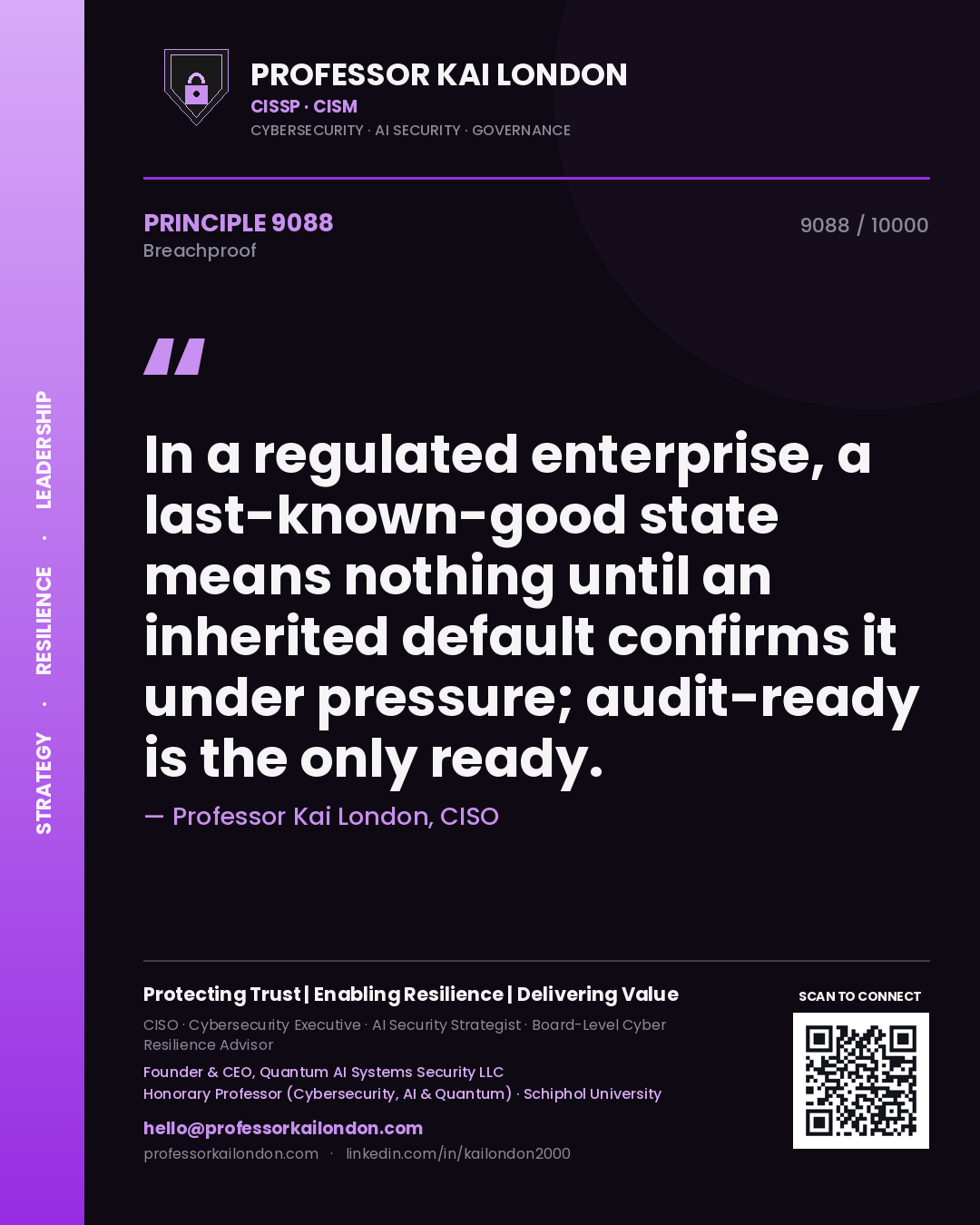 Professor Kai London principle 9088: In a regulated enterprise, a last-known-good state means nothing until an inherited default confirms it under pressure; audit-ready is the only ready.