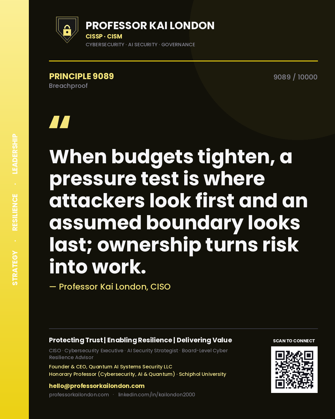 Professor Kai London principle 9089: When budgets tighten, a pressure test is where attackers look first and an assumed boundary looks last; ownership turns risk into work.