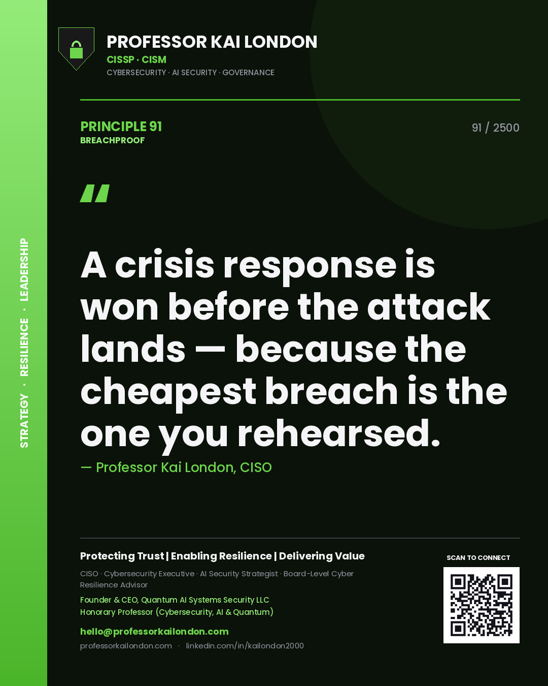Professor Kai London principle 91: A crisis response is won before the attack lands — because the cheapest breach is the one you rehearsed.
