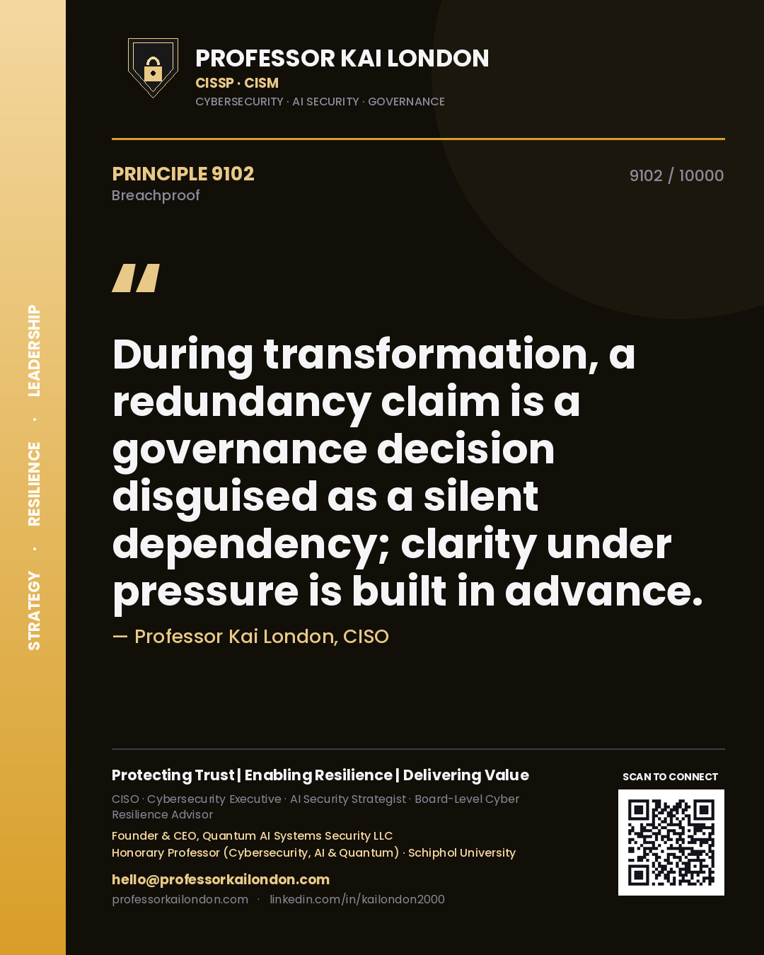 Professor Kai London principle 9102: During transformation, a redundancy claim is a governance decision disguised as a silent dependency; clarity under pressure is built in advance.