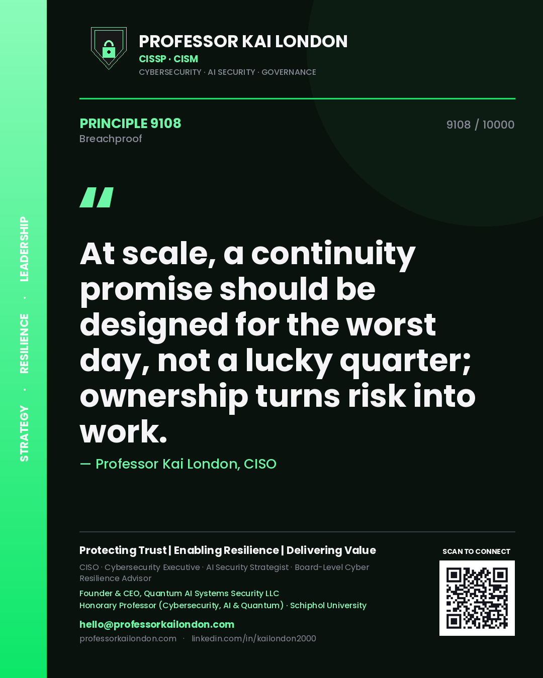 Professor Kai London principle 9108: At scale, a continuity promise should be designed for the worst day, not a lucky quarter; ownership turns risk into work.