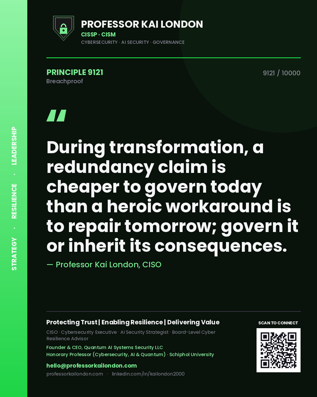 Professor Kai London principle 9121: During transformation, a redundancy claim is cheaper to govern today than a heroic workaround is to repair tomorrow; govern it or inherit its consequences.